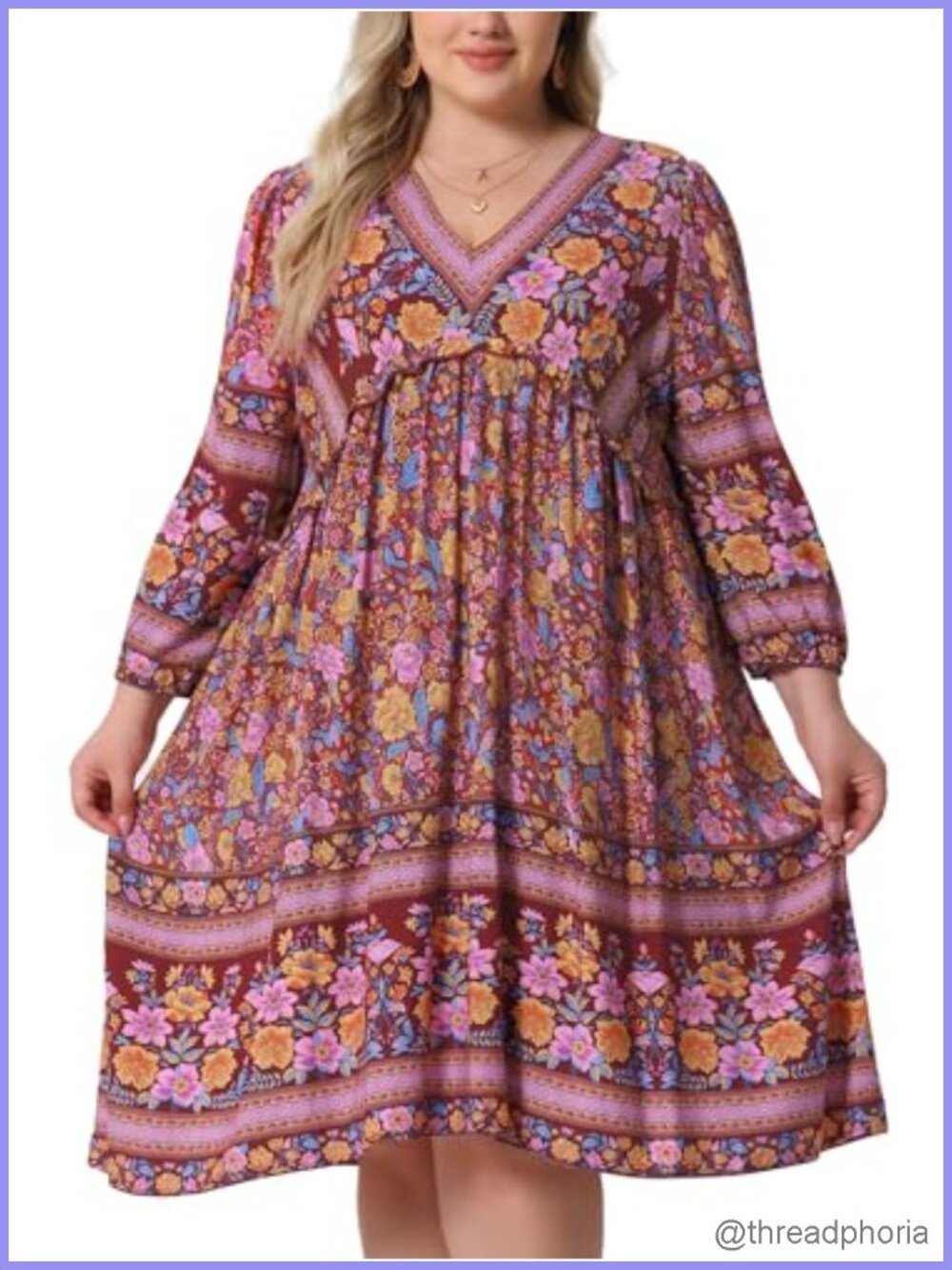 Plus Size Boho Floral V Neck 3/4 Sleeve Midi Beach Dress